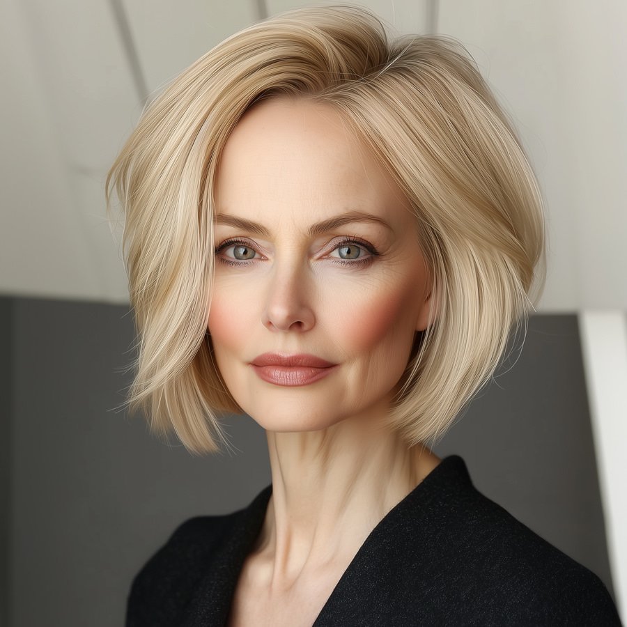 honey blonde hair colour highlights elegant bob styled with round brush blowout for volume and movement