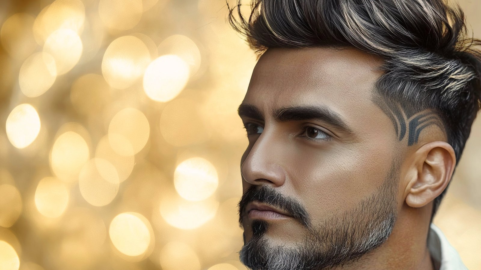 Indian man fade hairstyle with subtle highlights and head tattoo precision haircut for confident look