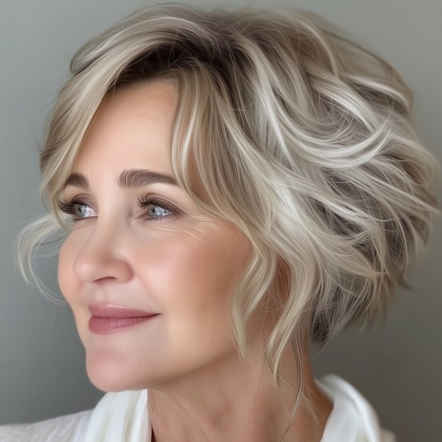 round graduation technical haircut classic Vidal Sassoon asymmetrical layers bright blonde highlights Fresh Hair Concepts