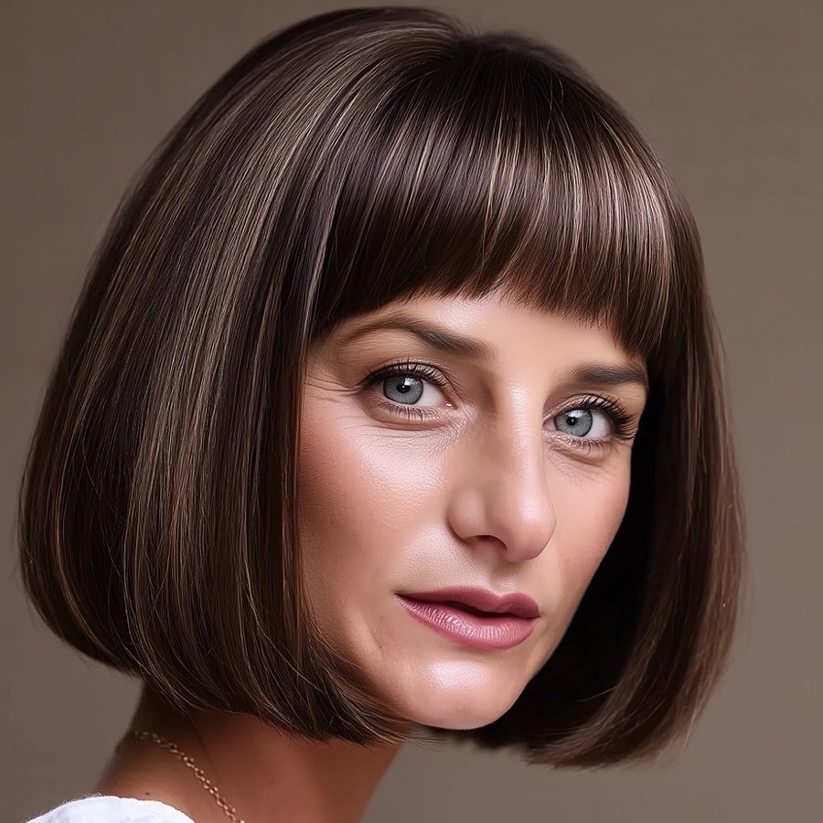 curtain bangs on classic Vidal Sassoon inspired bob