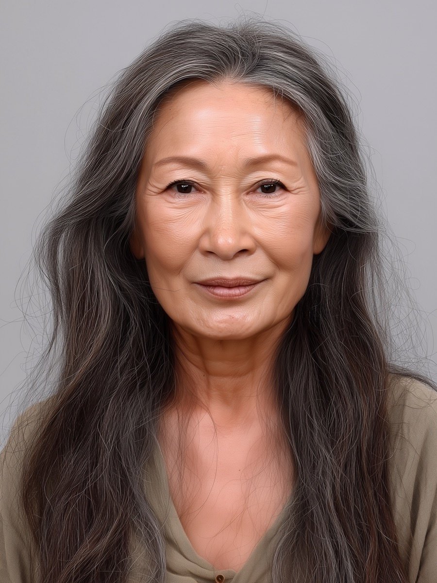 before hair makeover long thin brunette hair greying at the temples