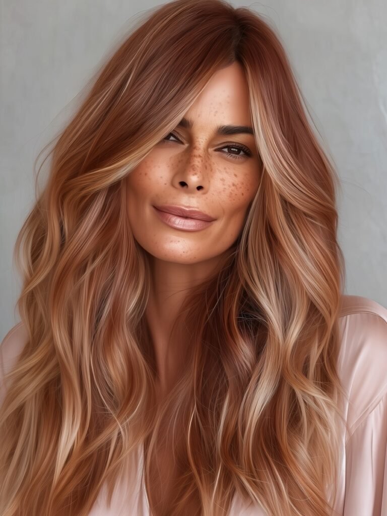 copper balayage long hair with platinum highlights and strawberry gloss finish natural waves