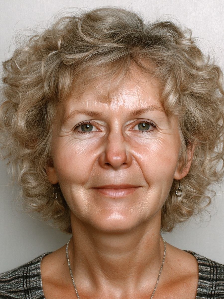 before makeover photo dark blonde curly hair on mature woman