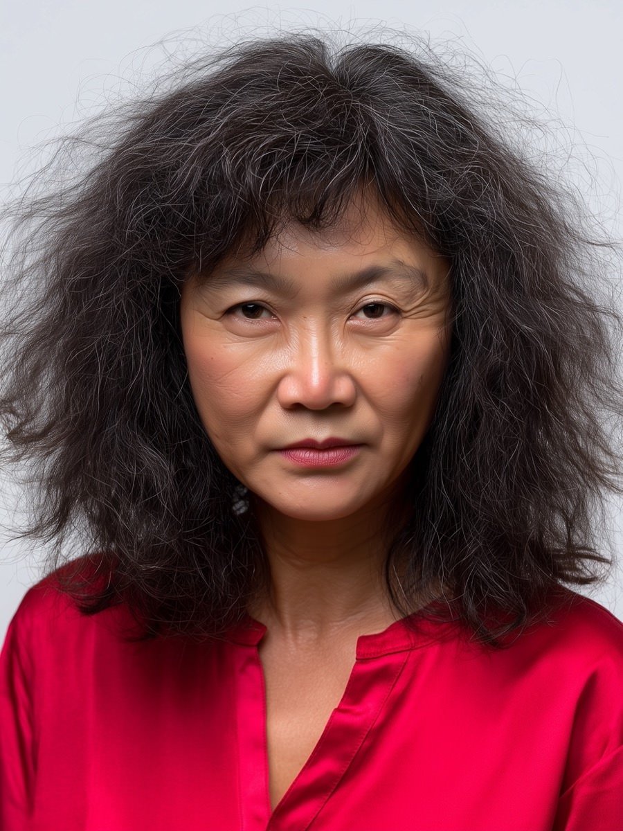 before makeover long dark hair has natural frizz texture