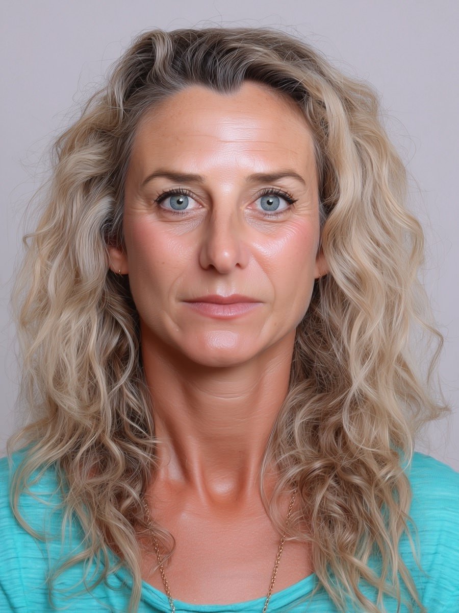 before makeover long blonde curly hair with roots