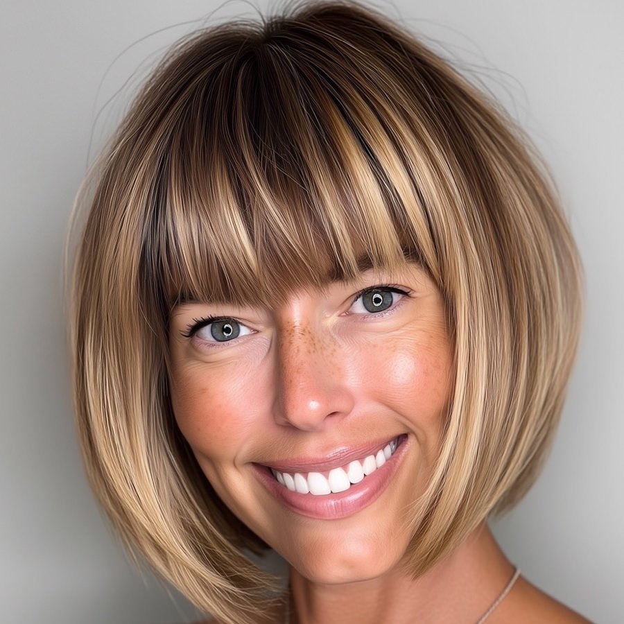hair transformations blunt bob cut with wispy bangs before and after makeover classic women's haircut