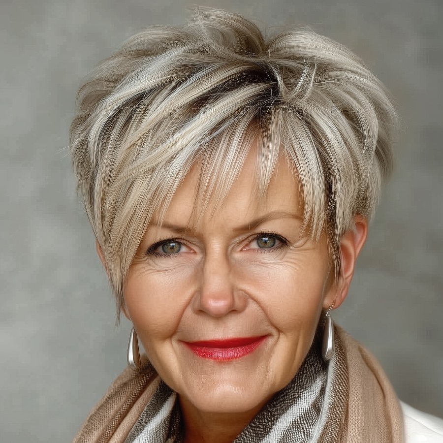 long pixie hair transformation in platinum blonde with smudge root is a low maintenance haircut for women