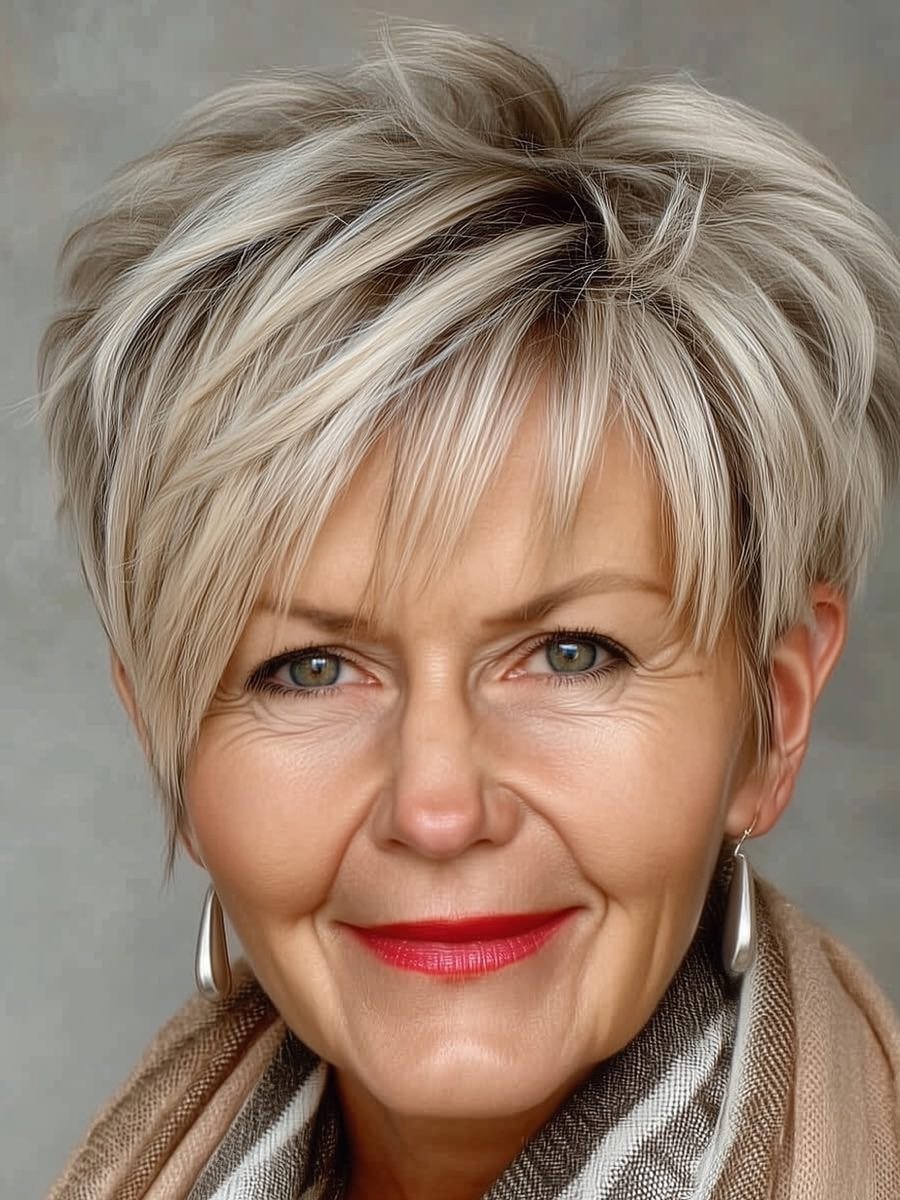 long pixie makeover in face framing layers with bright platinum highlights for easy grow out