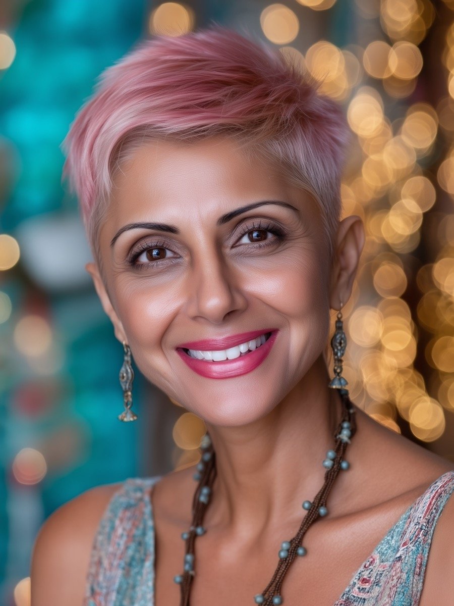 short pixie cut in icy platinum pink with cropped sides best cuts in South Surrey
