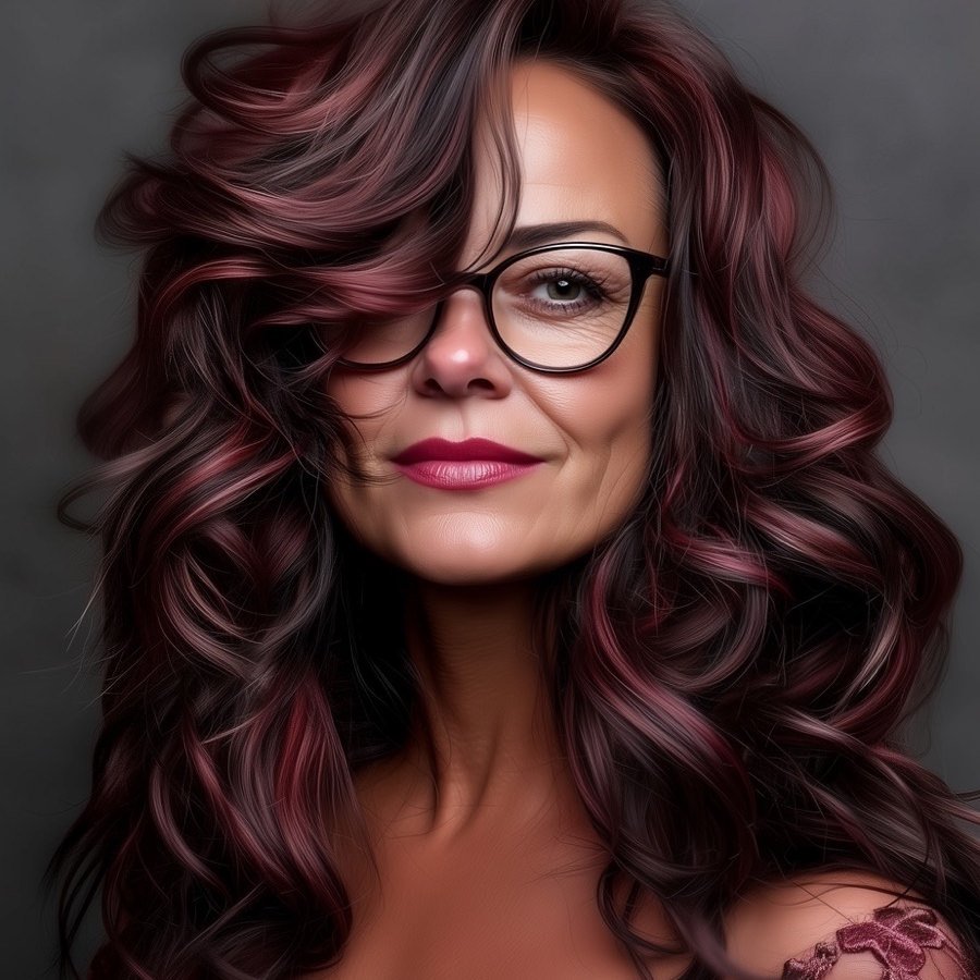 Intense burgundy highlights on voluminous round brush blow dry long hair with loose curls hair transformations
