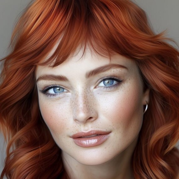 wolf haircut similar to a modern shag cut in bright palette of red and copper tones with wispy bangs
