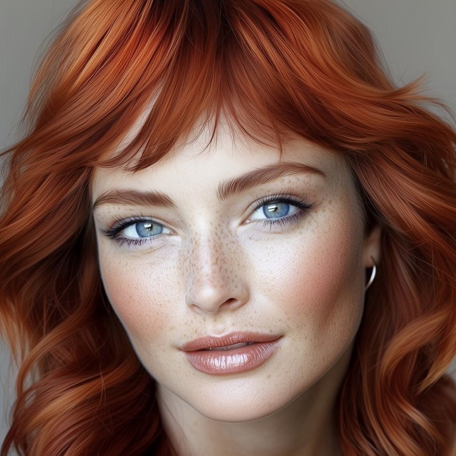 wolf haircut similar to a modern shag cut in bright palette of red and copper tones with wispy bangs